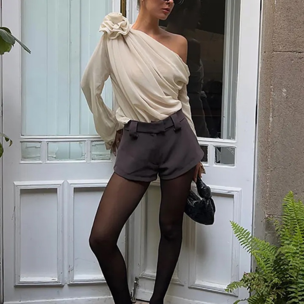 #24 Skew Collar Chiffon Blouse with clip-on flower detail